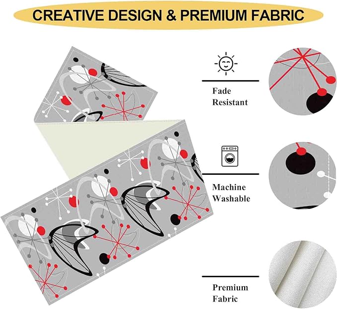 Mid Century Table Runner, Retro 1950s Atomic Minimalist Modern Abstract Geometric Gray Coffee Table Center Decor for Home Kitchen Dining Patio Holiday Party Table Decorations, 13"x72" Inch