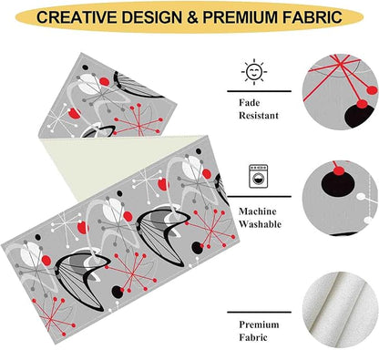 Mid Century Table Runner, Retro 1950s Atomic Minimalist Modern Abstract Geometric Gray Coffee Table Center Decor for Home Kitchen Dining Patio Holiday Party Table Decorations, 13"x72" Inch