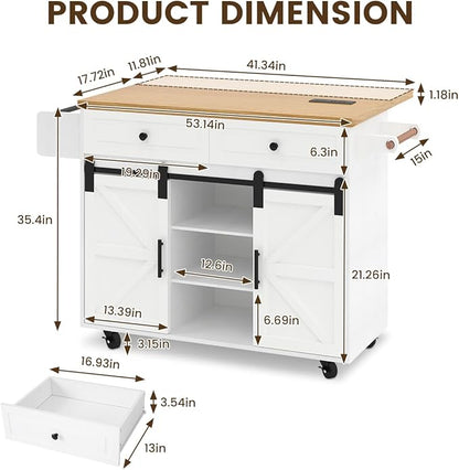 COCO DESIGN Rolling Kitchen Island Cart with Wheels, 54" Portable Trolley Island with Drop Leaf Countertop, Sliding Barn Door, Power Outlet, Spice Rack, Towel Rack and Drawers, Minimalist White