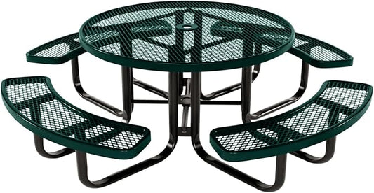 COATEDOUTDOORFURNITURE Heavy-Duty Portable Outdoor Kids Table with Umbrella Hole, Expanded Metal Kids Picnic Table, Commercial-Grade, Made in America (46 in, Round, Childrens, Dark Green)