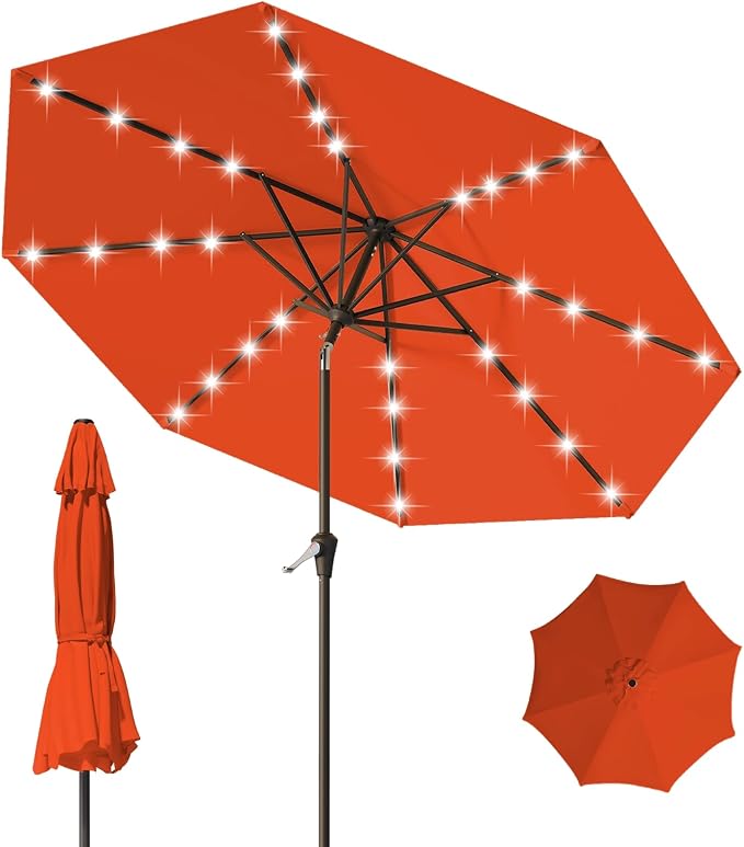 9FT Patio Umbrella with Solar Lights, Outdoor Market Umbrella with Tilt and by YourPerfectOutdoorEscape