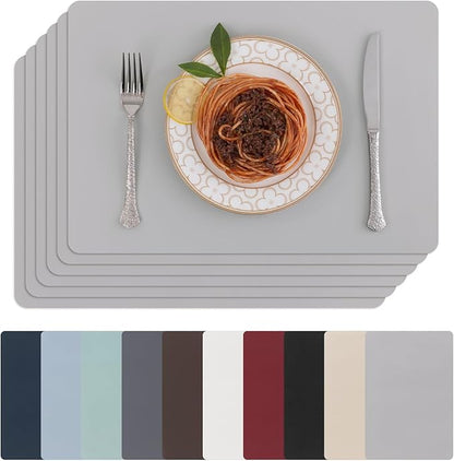 SHACOS Placemats Set of 6 Faux Leather Waterproof Leakproof Wipeable PU Non-Slip Vinyl Place Mats Heat Resistant Table Mats for Kitchen Dining Table Indoor Outdoor, Grey