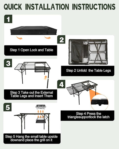 4ft Folding BBQ Table with Wing Plate, Height Adjustable Metal Table with Small Charcoal Grill, Portable Outdoor Table Removable to Two Tables (Bright Black)