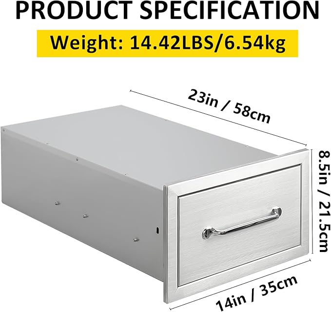 Outdoor Kitchen Drawers 14" W x 8.5" H x 23" D Flush Mount Single BBQ Drawers with Chrome Handle Built-in Stainless Steel Drawer for Outdoor Kitchen Island, Patio Grill Station