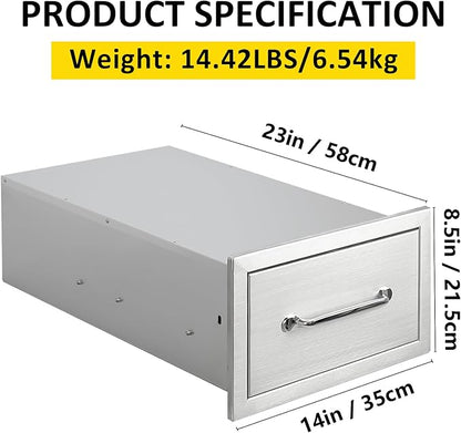Outdoor Kitchen Drawers 14" W x 8.5" H x 23" D Flush Mount Single BBQ Drawers with Chrome Handle Built-in Stainless Steel Drawer for Outdoor Kitchen Island, Patio Grill Station