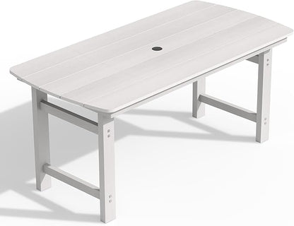 Ciokea HDPE Outdoor Dining Table with Umbrella Hole,66" Rectangle Patio Table for 6,All-Weather Outdoor Patio Furniture Set for Garden Backyard,White