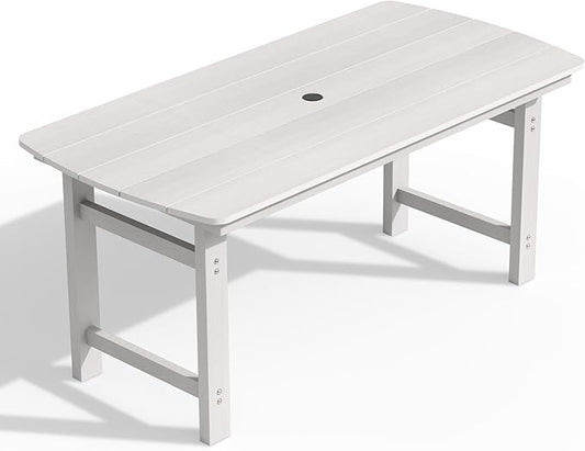 Ciokea HDPE Outdoor Dining Table with Umbrella Hole,66" Rectangle Patio Table for 6,All-Weather Outdoor Patio Furniture Set for Garden Backyard,White