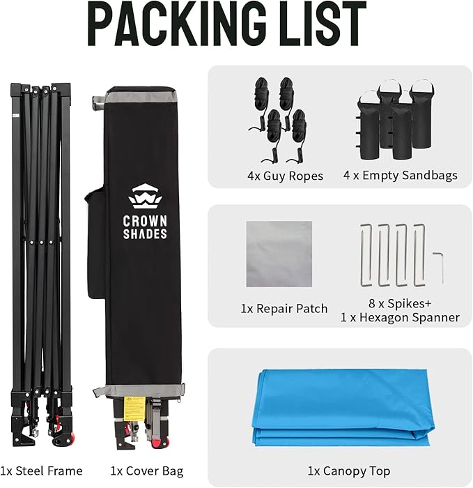 CROWN SHADES 10x10 Pop Up Canopy Tent - Patented Center Lock One Push Instant Outdoor Canopy Beach Tent with STO-N-Go Bag 8 Stakes & 4 Sand Bags，Sky Blue