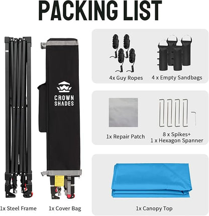 CROWN SHADES 10x10 Pop Up Canopy Tent - Patented Center Lock One Push Instant Outdoor Canopy Beach Tent with STO-N-Go Bag 8 Stakes & 4 Sand Bags，Sky Blue