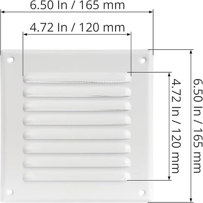 Square Ventilation Grille / 5" x 5" Inch Inside Measurement/White Metal Air Vent Louver - Inside/Outside use / 6.5" x 6.5" Inch Outer Measurement