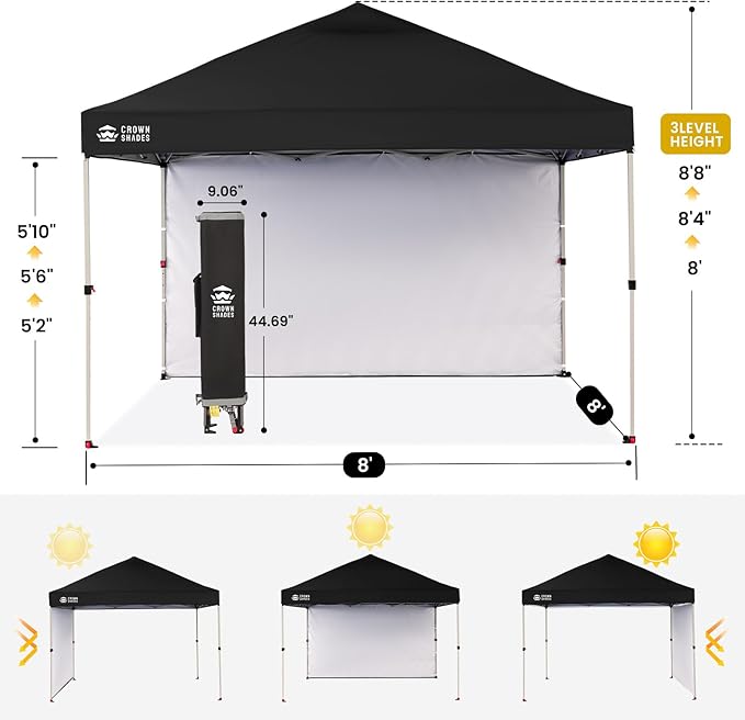 CROWN SHADES 8x8 Pop Up Canopy with 1 Side Wall - Beach Tent with One Push Setup - Outdoor Sun Shade for Events, Parties, Camping - Gazebo with STO-N-Go Cover Bag (Black)