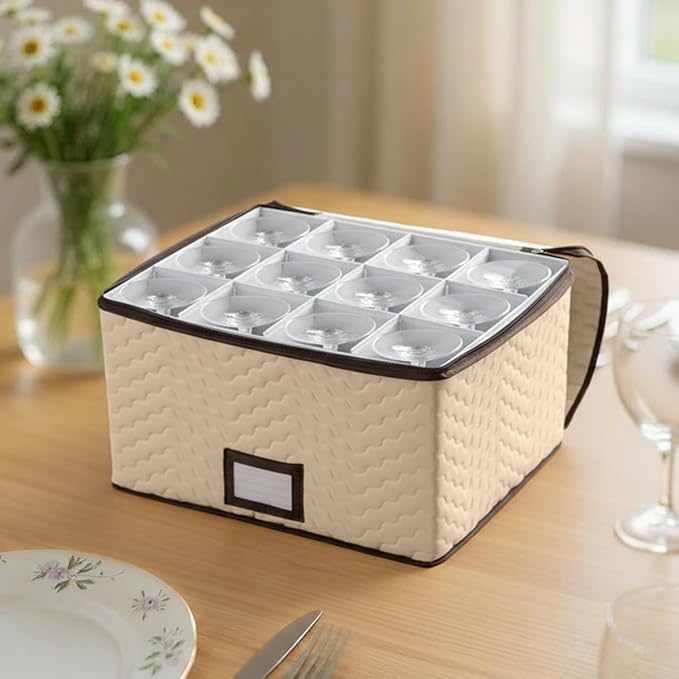 Wine Glass Storage Box with Dividers - Stemware Storage Case, Durable Quilted Microfiber Bin with Carry Handles, Protects Fine China - (2 Pack, Red & White Wine Glass)