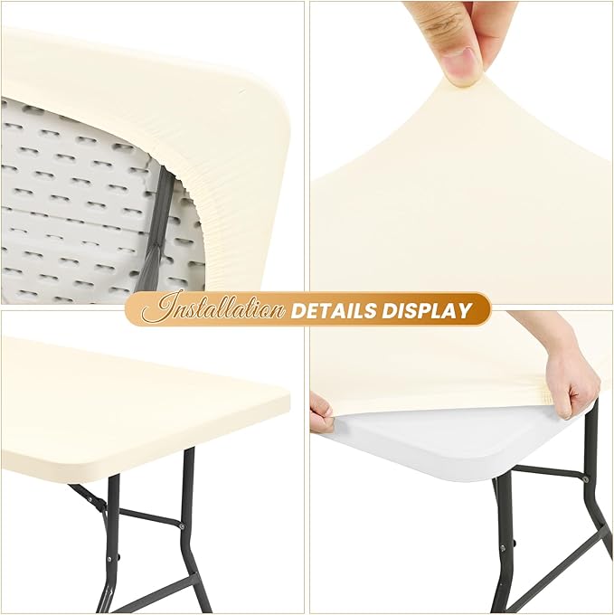 10 Pack Stretch Fabric Table Top Cap Cover, Ivory Table Covers fits 8Ft Tables, Washable Elastic Universal Rectangle Tablecloth Protector for Indoor Outdoor Party Picnic Wedding (30" W x 96" L)