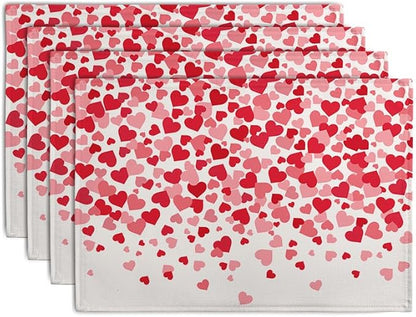 Valentine's Day Pink Love Heart Placemats Set of 4 Valentine Dining Place Mat Heat Resistant Washable Wedding Anniversary Rectangle Table Mat for Outdoor Kitchen Home Party 12x18 Inch