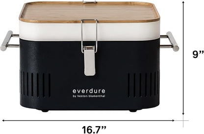 Everdure CUBE Portable Charcoal Grill, Tabletop BBQ, Perfect Tailgate, Beach, Patio, or Camping Grill, Lightweight & Compact Small Grill with Preparation Board & Food Storage Tray, Matte Black