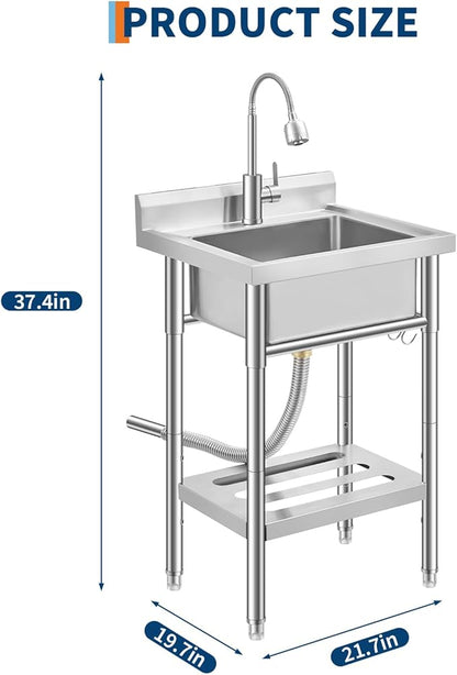 Stainless Steel Utility Sink, Free Standing Single Bowl Kitchen Sink, Adjustable Leg Height, w/Faucet,Hot and Cold Water Pipes,Commercial Laundry Tub,Hook,Storage Shelf for Indoor Outdoor Farmhouse