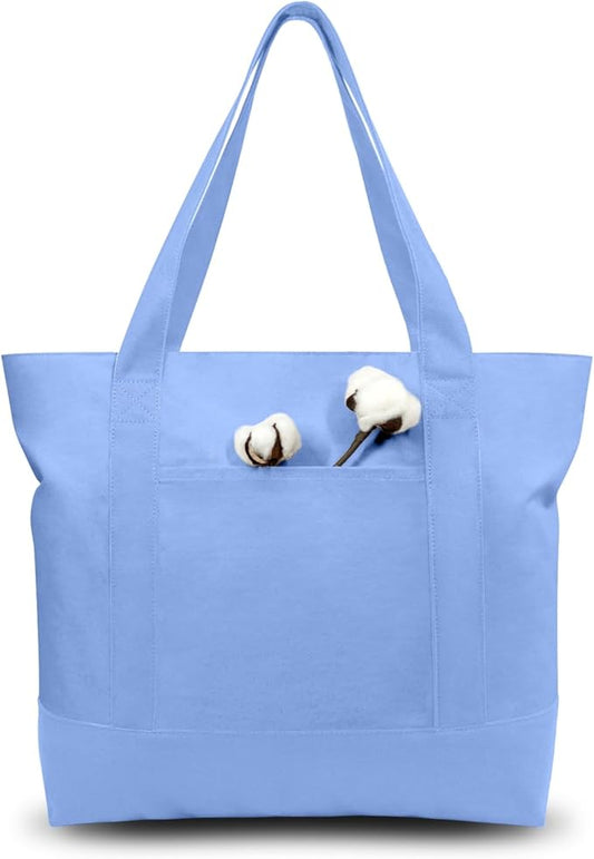 TOPDesign 1-Pack Canvas Tote Bag with an External Pocket, Reusable Grocery Shopping Bag, Top Zipper Closure, Daily Essentials (Light Blue)