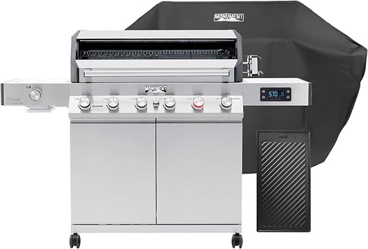 Monument Grills 6+1 Burner Smart Tech Propane Gas Grill, Denali 605Pro Stainless Steel Grill 78,000 BTU Outdoor Garden Barbecue Grill with Side Sear Burner, Cooking Plate, Cover and Rotisserie Kit