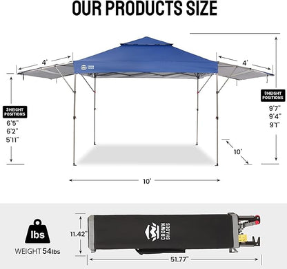 CROWN SHADES 10x10 Pop up Canopy Tent Patended Centerlock Instant Commercial Canopy with 150D Silver Coated Fabric Including 2 Extend Awnings, 4 Ropes, 8 Stakes, 4 Weight Bags, Navy Blue