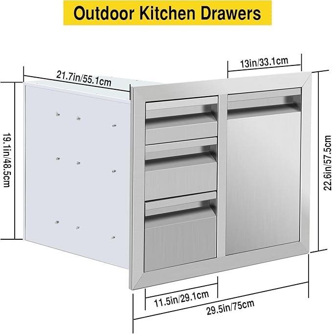 Outdoor Kitchen Drawer Combo, Stainless Steel Triple Drawers & 2 Trash Can Drawers, Enclosed Built-in Drawer Flush Mount For Outdoor Kitchens & BBQ Islands,G1