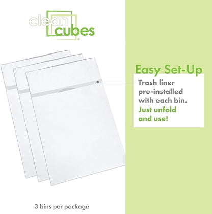 30 Gallon Disposable Pop-Up Trash Cans (3-Pack) with Fitted Bags – Foldable Garbage & Recycling Bins for Parties, Events & Kitchen (White, 30" H x 14" W x 17" D)