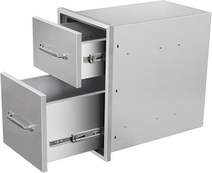 Outdoor Kitchen Drawers 14" W x 21" H x 21" D Flush Mount Double BBQ Drawers with Chrome Handle Stainless Steel Drawer for Outdoor Kitchen Island, Patio Grill Station