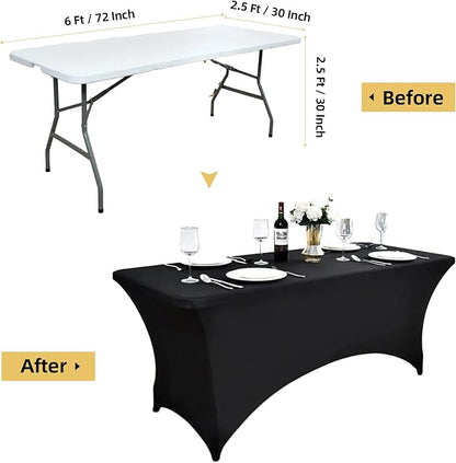 6-Pack 6ft Black Spandex Table Covers for Rectangle Standard Folding Tables - Wrinkle Resistant Stretch Tablecloths - Ultimate Fitted Table Protector for Parties, Trade Shows, Wedding