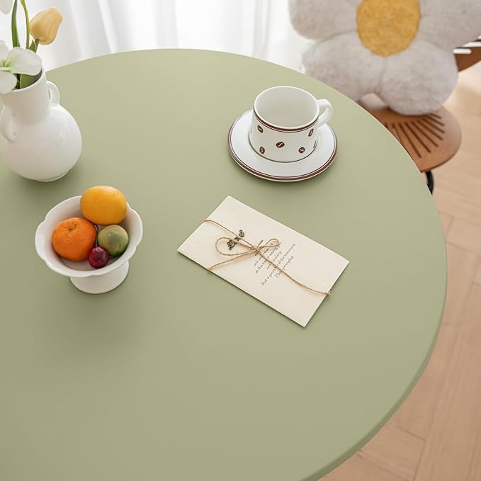 Round Fitted PU Tablecloth with High Elastic Edge 39 Inch Dia Waterproof Oil Proof Table Cloth Anti-Scald Stain-Resistant Wipeable Table Cover for Indoor Outdoor Picnic (Green,39" Dia)