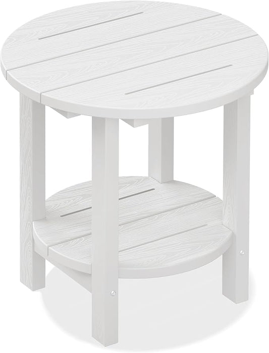 SERWALL Round Outdoor Side Table, HDPE Small Adirondack End Table,2-Tier Patio Side Table for Backyard Pool Porch Garden Lawn, White