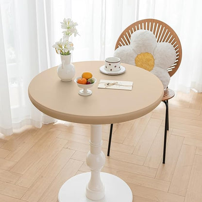 Round Fitted PU Tablecloth with High Elastic Edge 28 Inch Dia Waterproof Oil Proof Table Cloth Anti-Scald Stain-Resistant Wipeable Table Cover for Indoor Outdoor Picnic (Beige,28" Dia)