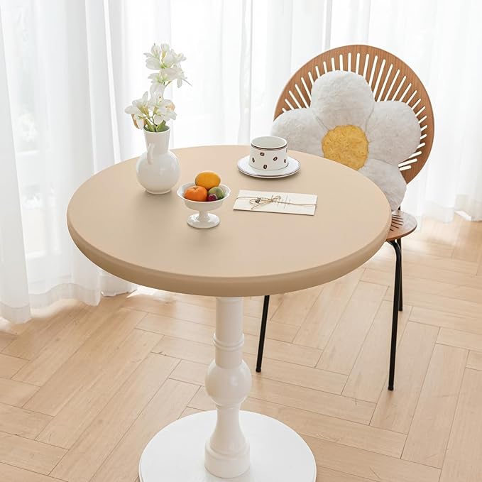 Round Fitted PU Tablecloth with High Elastic Edge 55 Inch Dia Waterproof Oil Proof Table Cloth Anti-Scald Stain-Resistant Wipeable Table Cover for Indoor Outdoor Picnic (Beige,55" Dia)