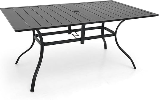 Vrivla Outdoor Dining Table, Rectangular Patio Table with Slatted Top with Black Metal Frame for 6 Person