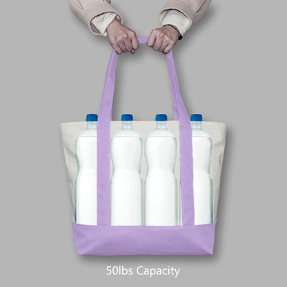 TOPDesign 1-Pack Canvas Tote Bag with an External Pocket, Reusable Grocery Shopping Bag, Top Zipper Closure, Daily Essentials (Lavender/Natural)