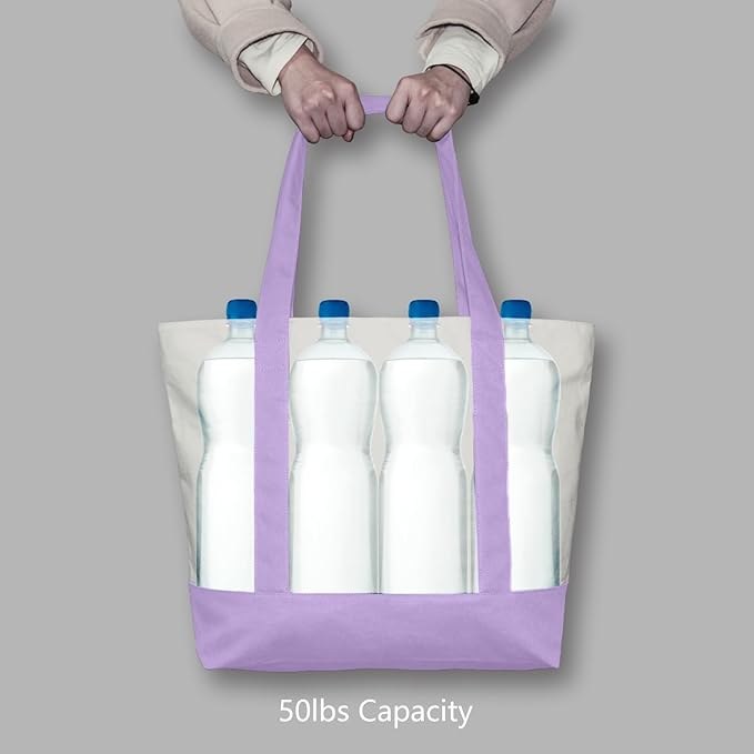 TOPDesign 6-Pack Canvas Tote Bags with an External Pocket, Reusable Grocery Shopping Bags, Top Zipper Closure, Daily Essentials (Lavender/Natural)