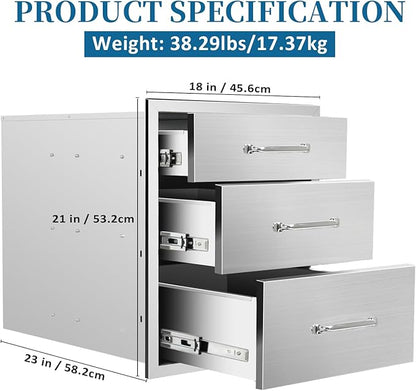 Outdoor Kitchen Drawers 18"Wx21"Hx23"D Flush Mount Access 3-Drawer BBQ Stainless Steel Drawers with Handle for Outdoor Kitchen Island or Grill Station