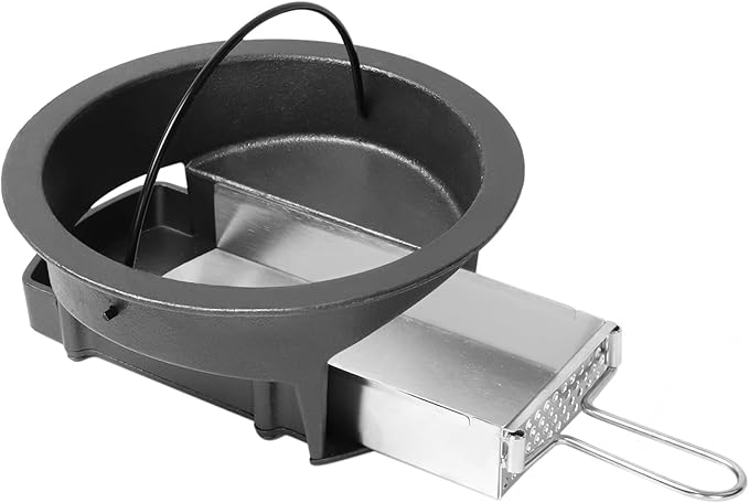 KAMaster 2 in 1 Cast Iron Ash Can Fit Kamado Grill Classic Joe,With Stainless Steel Slid Out Ash Drawer Remove Ash Easier,Ash Can With Foldable Handle Can Use With Fire Grate Or Charcoal Fire Basket