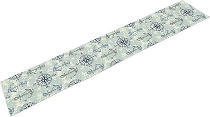 Summer Beach Table Runner, Blue Sea Coastal Nautical Sailboat Map Sketch Compass Table Runner Seasonal Holiday Home Kitchen Dining Table for Home Party Decor 13"x90"