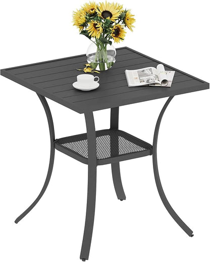 VICLLAX Patio Dining Table, Square Table Metal Outdoor Bistro Table with Rack for Balcony Garden Deck, 28inch Dark Grey