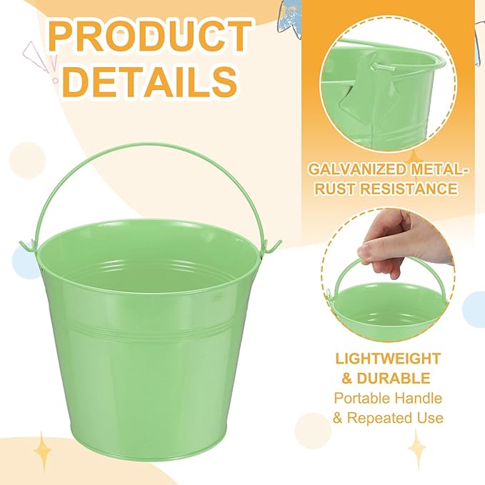 Small Metal Buckets, Mini Buckets with Handle Galvanized Colored Tin Pail Containers Basket Party Supplies - Fit for (Halloween - Classroom Crafts) 6" & 10Pcs & Light Green