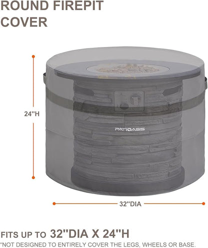 Grey Round Firepit Table Cover 32''Dia Waterproof Outoor Patio Gas Fire Bowl Cover 600D All Weather Resistant Fire Pit Covers Round