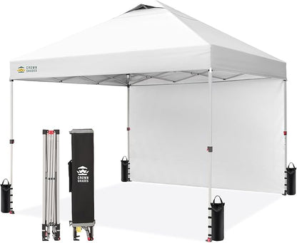 CROWN SHADES 10x10 Pop Up Canopy with 1 Side Wall - Beach Tent with One Push Setup - Outdoor Sun Shade for Events, Parties, Camping - Gazebo with STO-N-Go Cover Bag (White)