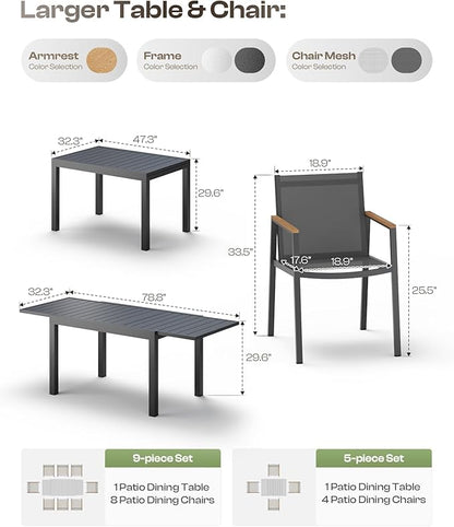Expandable Outdoor Patio Dining Table Set for 6-8 Person, Aluminum Outdoor Table and 8 Chairs with Textilene Fabric & HDPS Armrest, All-Weather Patio Furniture Set for Yard, Garden, Gray