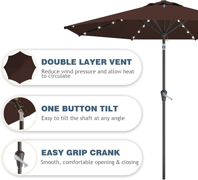 9FT Patio Umbrella with Solar Lights, Outdoor Market Umbrella with Tilt and - Image 2