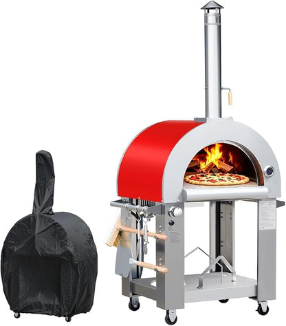 32.5" Wood Fired & Propane Gas Pizza Oven with Waterproof Cover, Large Outdoor Oven with Open Shelf and Wheels for BBQ, Grilling, Stainless Steel Pizza Oven for Outdoor, Backyard and Party (Red)