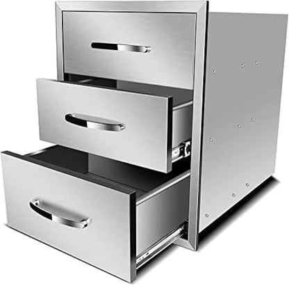 Stainless Steel Outdoor Kitchen Drawers - 3-Drawer BBQ Drawer, Built-in, Flush Mount for Outdoor Kitchens & BBQ Islands, 18Wx23Dx23H-3L
