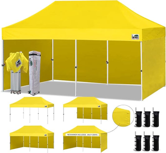 Eurmax USA 10'x20' Pop-up Canopy Tent Commercial Instant Canopies with 4 Removable Zipper End Side Walls and Roller Bag, Bonus 6 SandBags(Yellow)