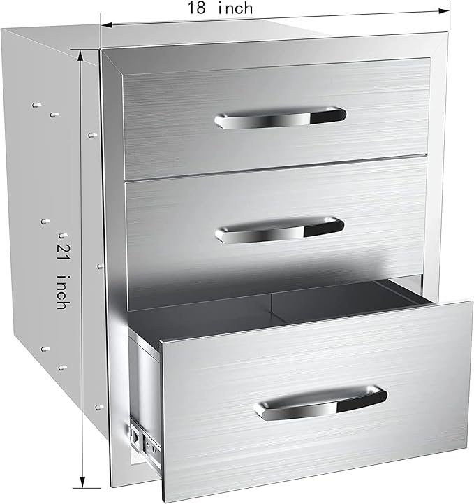 Outdoor Kitchen Stainless Steel Triple Access BBQ Drawers With Handle For BBQ Island Patio Grill Station,Three Drawers