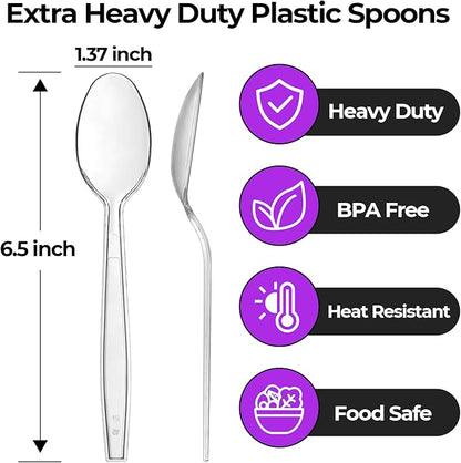 [400 Count] Clear Plastic Spoons Heavy Duty Disposable Spoon Reusable Bulk Plastic Utensils Sturdy Cutlery Set Durable Plasticware Silverware for Party,Every Day Use,Picnic,Camping,Wedding,Barbecues