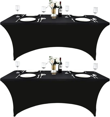 2-Pack 8ft Black Spandex Table Covers for Rectangle Folding Tables - Washable Elastic Tablecloth - Ultimate Fitted Table Protector for Birthday Parties, Trade Shows, Banquet