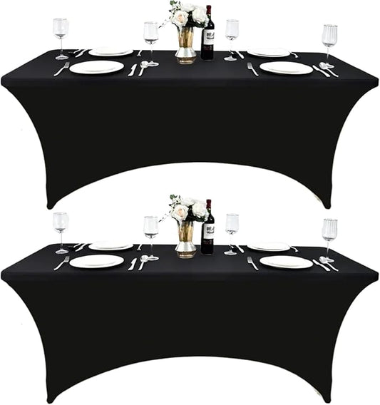 2-Pack 8ft Black Spandex Table Covers for Rectangle Folding Tables - Washable Elastic Tablecloth - Ultimate Fitted Table Protector for Birthday Parties, Trade Shows, Banquet